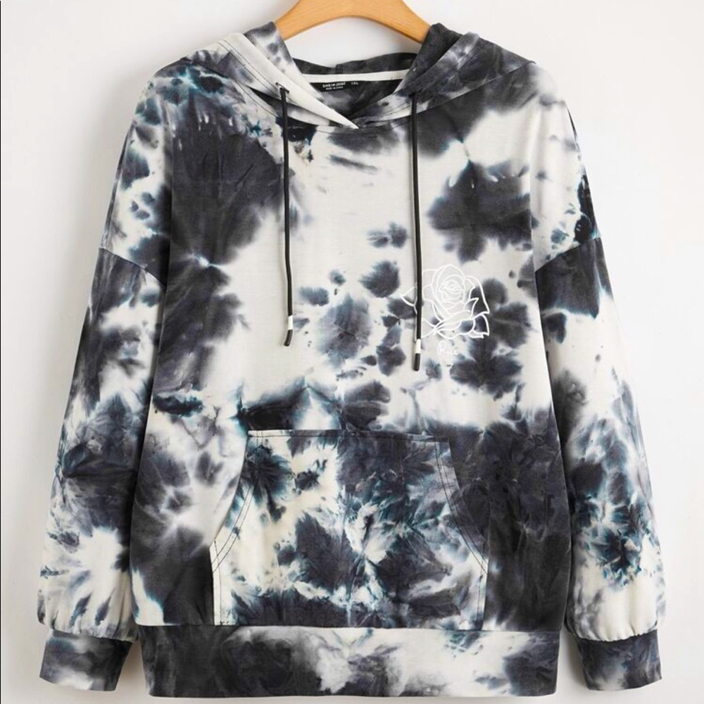 Letter & Rose Print Tie Dye Hoodie